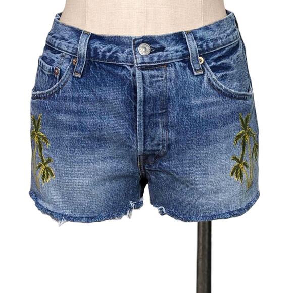 LEVI'S Levis Tropical Palm Tree Embroidered Button Fly cut off Jean Shorts 29 - Picture 1 of 2